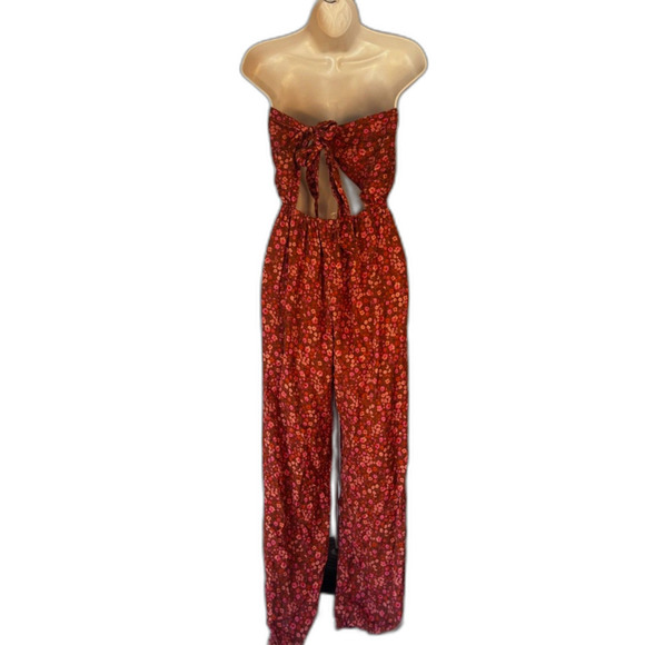 Tiare Hawaii Strapless Back Tie Jumpsuit Rust Orange Floral Print Size O/S - Picture 2 of 12